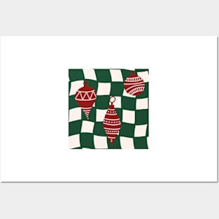 Abstract Checker Board with Christmas Tree Ornaments Cranberry Red and Forest Green Posters and Art